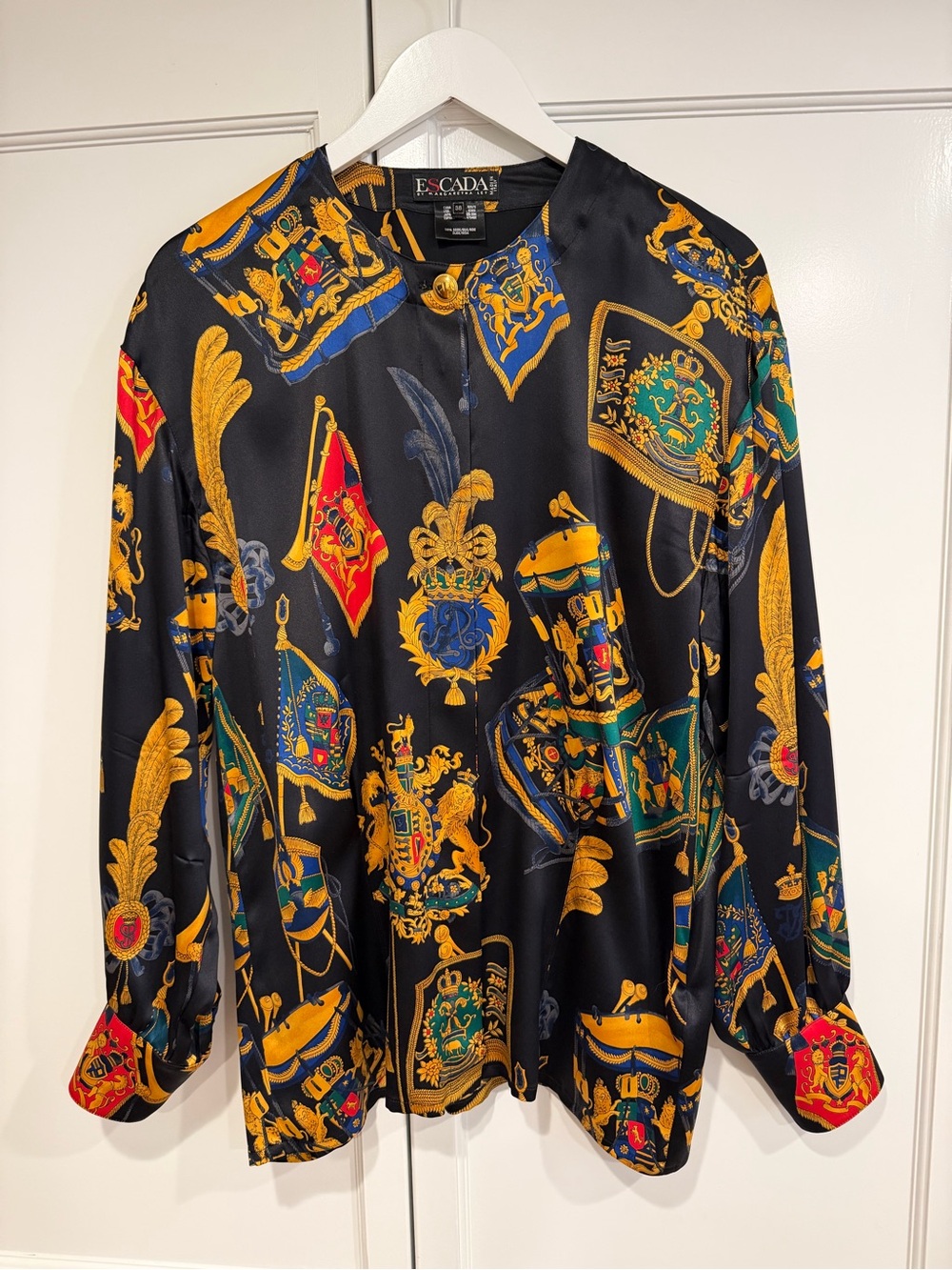 Escada Black Vintage Blouse with Gold and Royal Blue Heraldic Print, 100% Silk